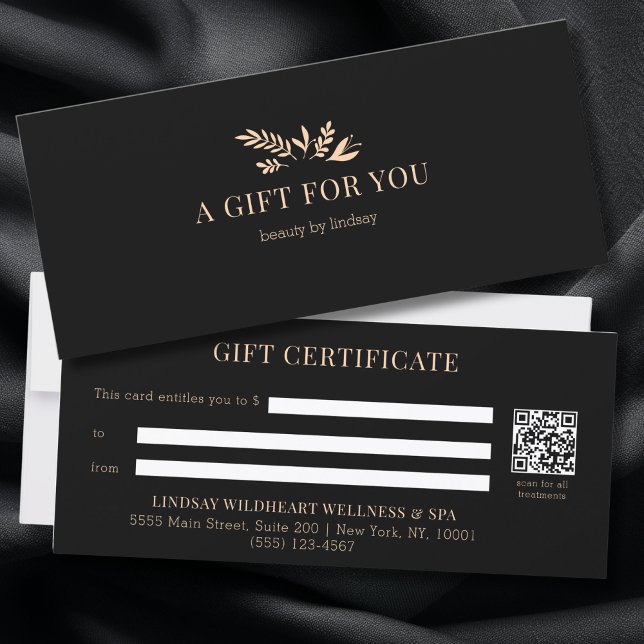 Certificados de Presente com Código QR Botânico Pr (Minimal Black Botanical Salon QR Code Business Gift Certificates)
