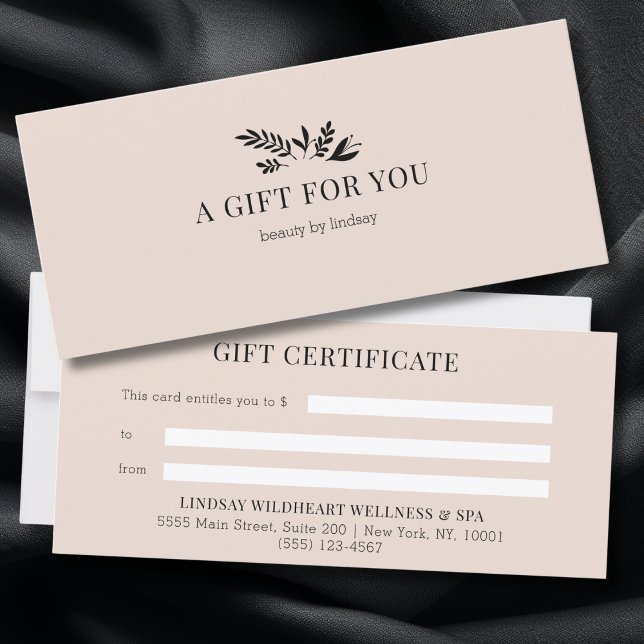 Certificados de Presente de Negócios Botânicos Beg (Minimal Beige-Blush Botanical Custom Salon Business Gift Certificates)