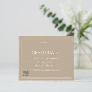 Certificate of Excellence Award Taupe Add Logo