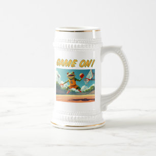 Cerveja Jogo de basquete do sapo com caneca na mão esquerd