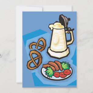 Cerveja, pretzeis e convite de festas da salsicha