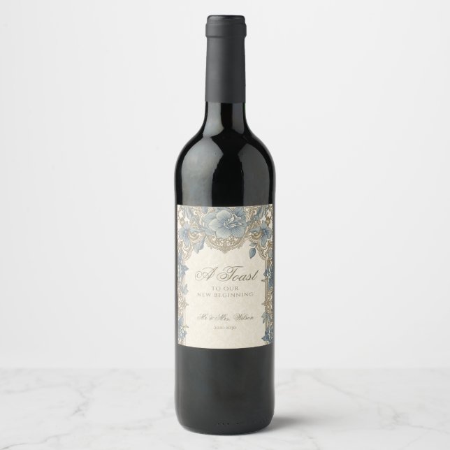 Cerveja Rótulo de Garrafa de Vinho Azul Ouro para Casament (Frente)