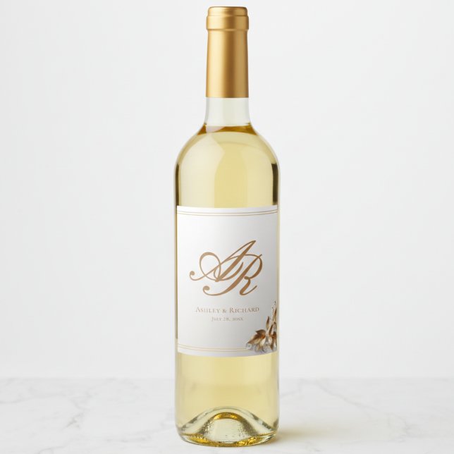 Cerveja Rótulo Elegante de Garrafa de Vinho com Monograma  (personalized gold botanical wedding wine label with custom couples monogram )