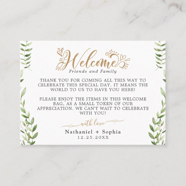 Cesta de Boas-Vindas com cartão de lugar em folhag (Frente)