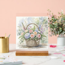 Cesta Floral em Aquarela com Rosas e Hortênsias