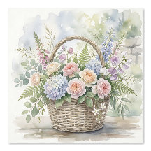 Cesta Floral em Aquarela com Rosas e Hortênsias