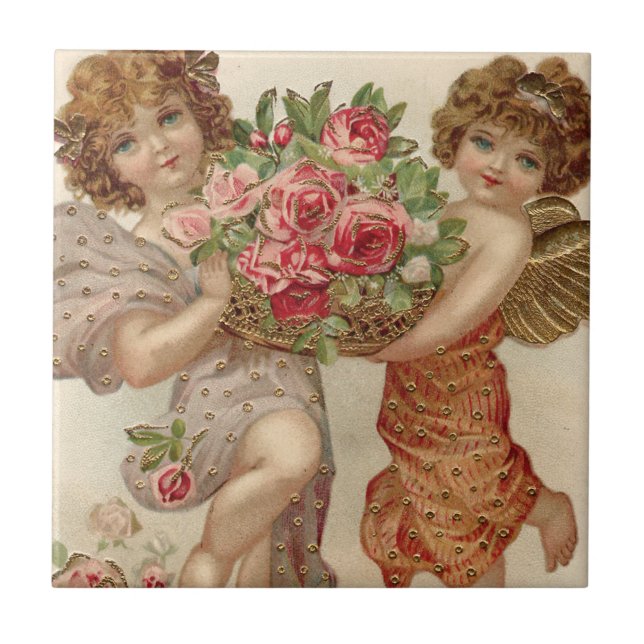 Cesto de Anjo Querubim Cupido Rosas Rosa (Frente)