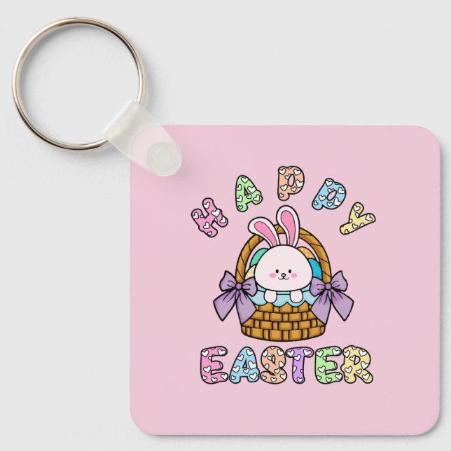 Cesto de Coelhinhos de Páscoa Bonita com Chaveiro  (Frente)