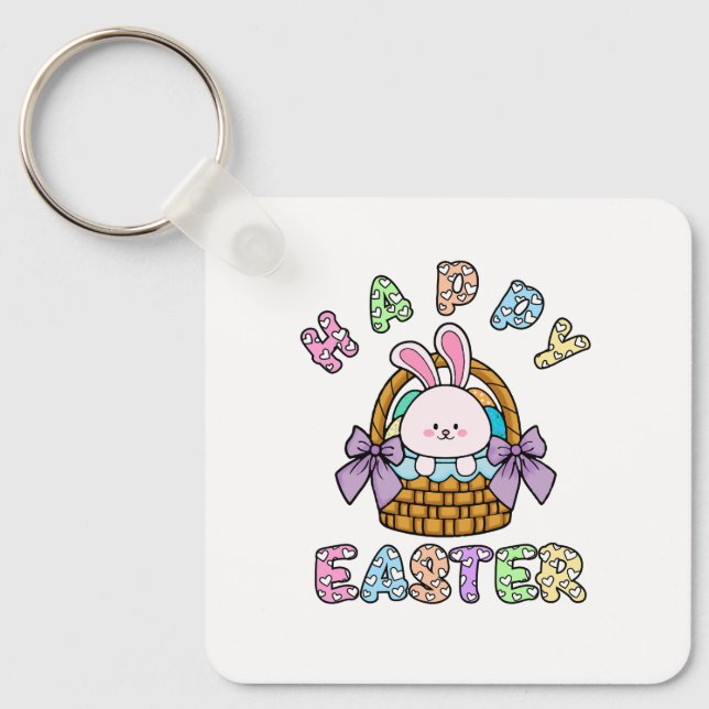 Cesto de Coelhinhos de Páscoa Bonita com Chaveiro  (Frente)