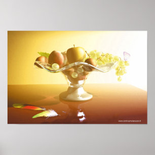 Cesto de vidro com fruta e poster de bateria