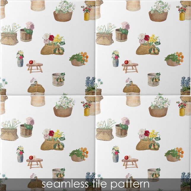 Cestos de Flores de Mercado do Aquecedor (Watercolor Farmer's Market Flower Baskets Ceramic Tile)