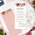 Céu no Rosa, Menu Casamento Floral de Aquarela<br><div class="desc">Aprecie seus convidados com este cartão de menu refinado. Design coordenando nosso Céu em Rosa e convites para eventos. Separe o design que apresenta no topo um arranjo único de pincel, rosa poeirento, pêssego e burgundy e no fundo o(s) seu(s) nome(s) e data. Escreva a tipografia de Script na parte...</div>