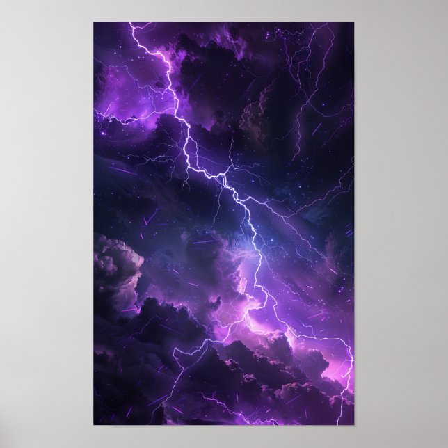 Céu Noturno Místico com Poster de Relâmpagos Roxos (Frente)