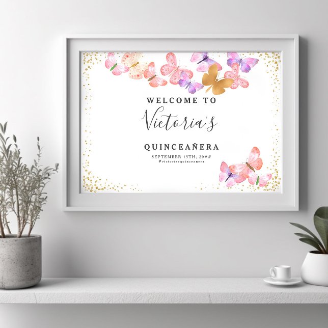 Céus borboletas Bem-vindos Poster Dourado Confetti (Welcome Poster from my Butterfly Skies Quinceanera collections - order printed or digital)