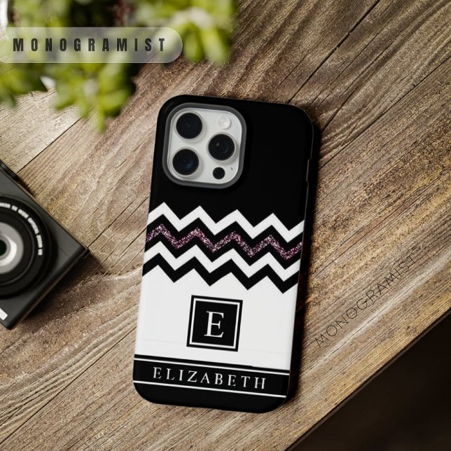 Cevon brilhante preto-branco personalizável (Customizable Black White Purple Glitter Chevron iPhone Case)