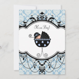 Chá Blue Black Damask Baby Boy Convites