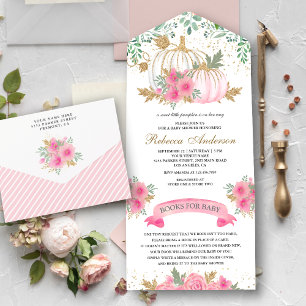 Chá de Bebê Abóbora Floral Rosa e Dourado Rústico