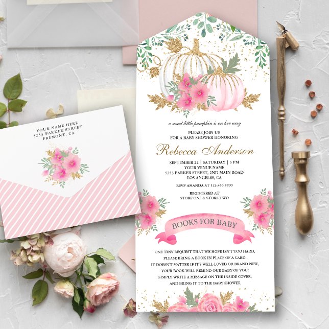 Chá de Bebê Abóbora Floral Rosa e Dourado Rústico (Criador carregado)