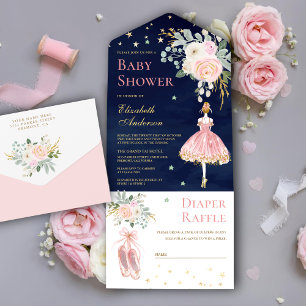 Chá de Bebê Azul Bailarina Floral Rosa e Dourado