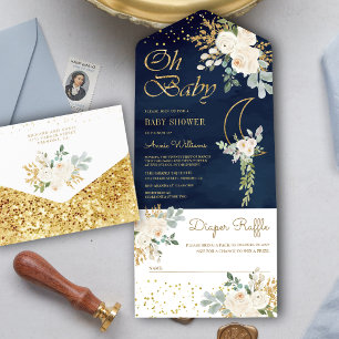 Chá de Bebê Boho Marfim Floral Dourado Lua Azul-Ma