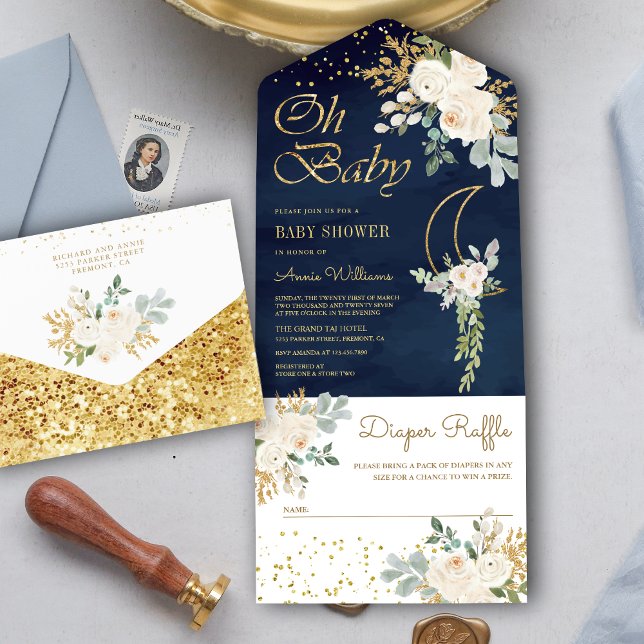 Chá de Bebê Boho Marfim Floral Dourado Lua Azul-Ma (Criador carregado)