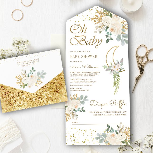 Chá de Bebê Boho Marfim Floral Dourado Lua Crescen (Criador carregado)
