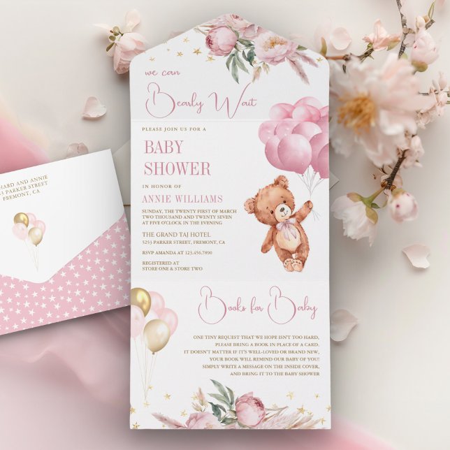 Chá de Bebê Boho Urso de Pelúcia Balões Rosa Flora (Criador carregado)