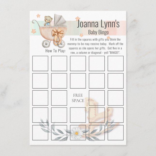 Chá de Bebê Cartão de Bingo | Urso e Cavalo de Bal (Frente)