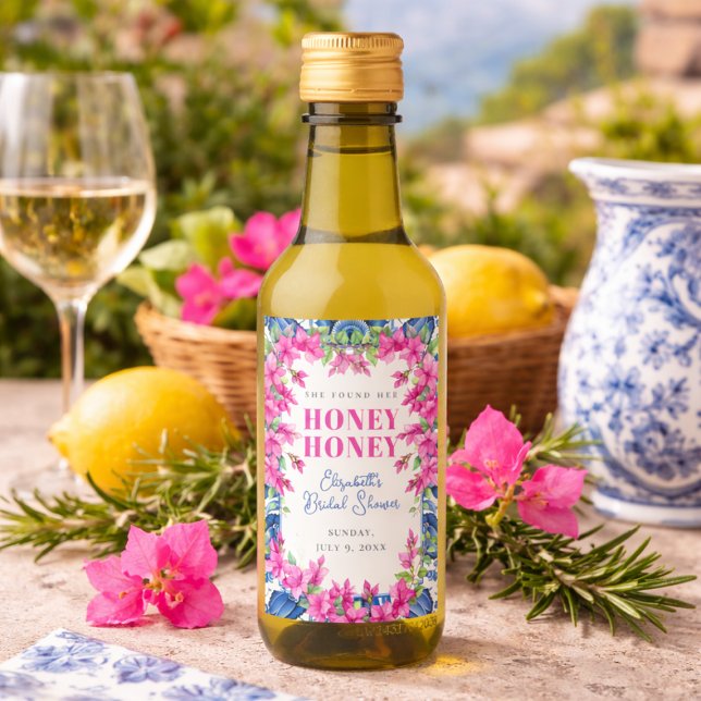 Chá de Bebê com Bougainvillea Rosa e Azulejo Azul (Pink Bougainvillea Blue Tile Bridal Shower Wine Label)