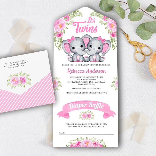 Chá de Bebê de Gêmeas Meninas Floral Rosa Elefante (Criador carregado)