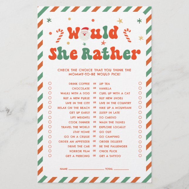Chá de Bebê de Natal Jogo Would She Rather (Frente)