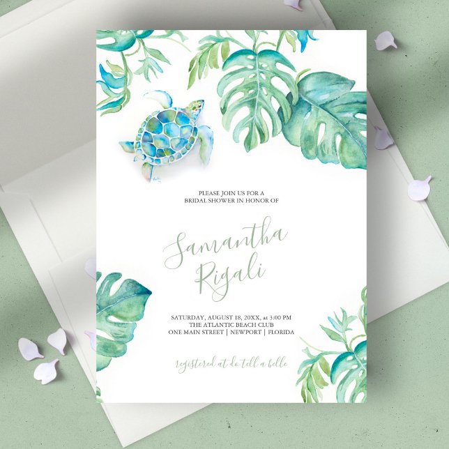 Chá de Bebê de Tartaruga Marinha com Folhas Tropic (bridal shower invitation tropical watercolor sea turtle by Victoria Grigaliunas)