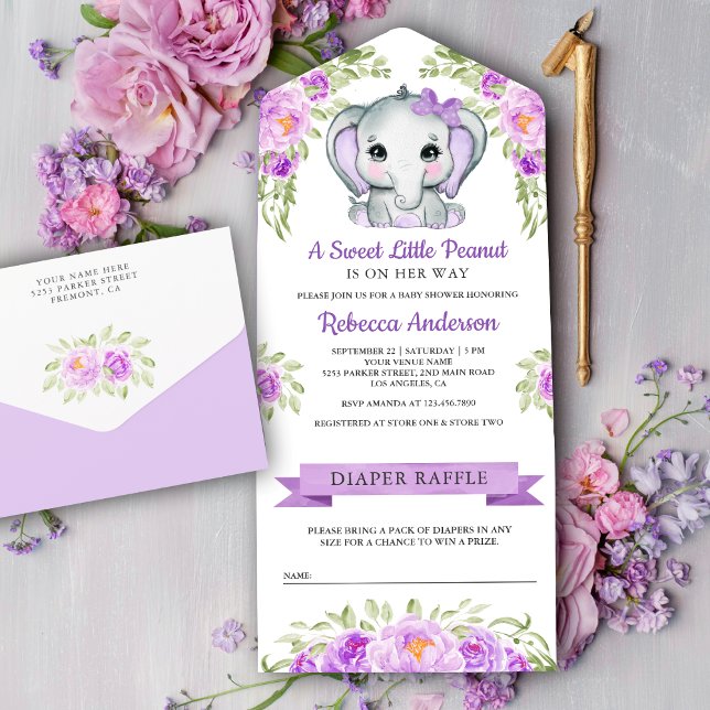 Chá de Bebê do Elefante Floral com Laço Roxo Fofo (Criador carregado)