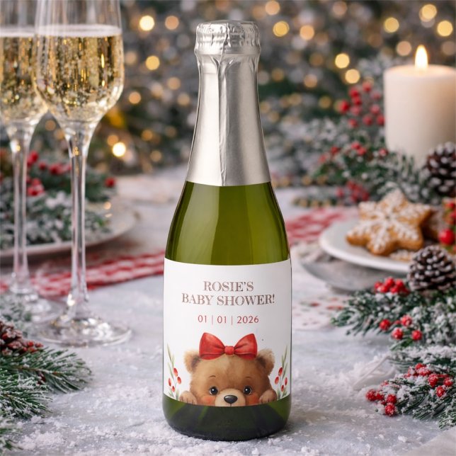 Chá de Bebê do Ursinho e Frutas de Rowan (Baby Bear And Rowan Berries Baby Shower Sparkling Wine Label)