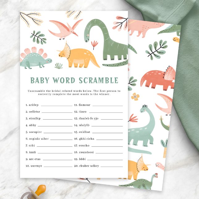 Chá de Bebê dos Dinossauros (Dinosaur Baby Shower Baby Word Scramble Game Card by Painted Paperie)