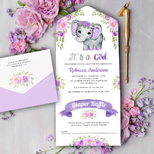 Chá de Bebê Elefante Floral com Aquarela Roxa