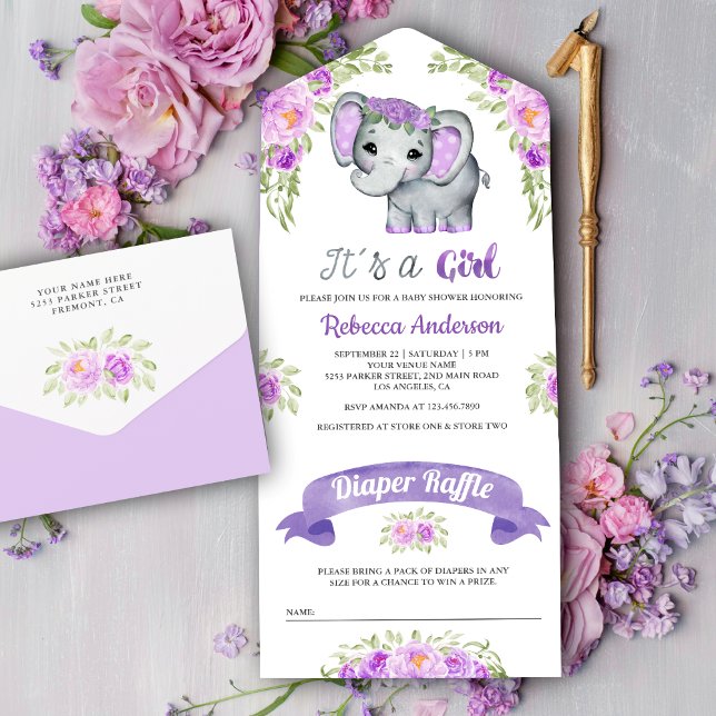 Chá de Bebê Elefante Floral com Aquarela Roxa (Criador carregado)