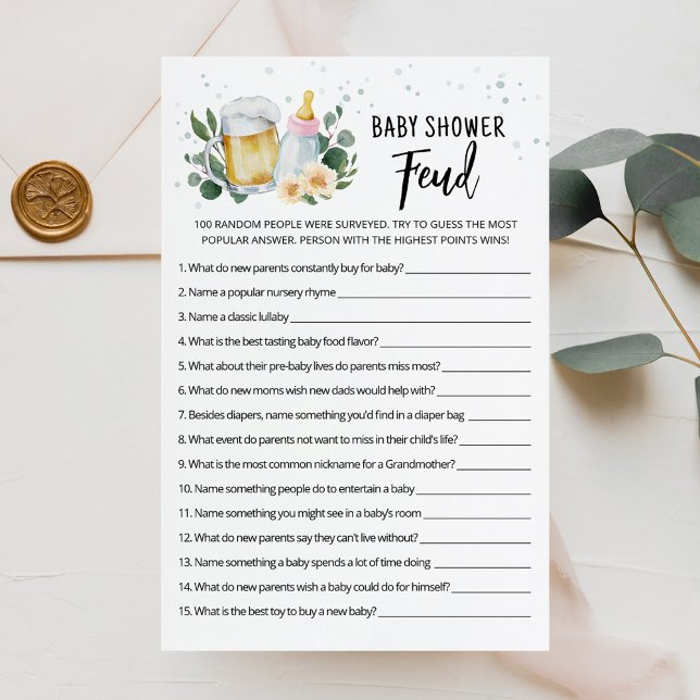Chá de Bebê Está Sendo Preparado Briga do Chá de B (Beer and Floral Baby is Brewing Baby Shower Feud Game Card)