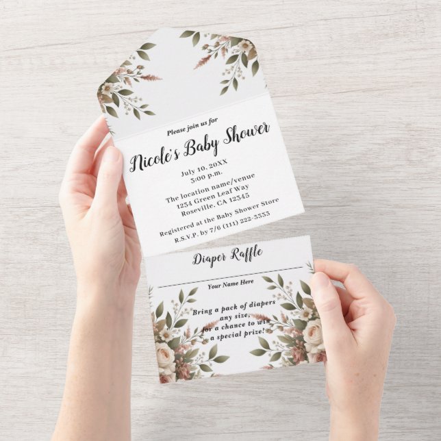 Chá de Bebê Floral Branco e Verde Oliva Elegante (Aba destacável)