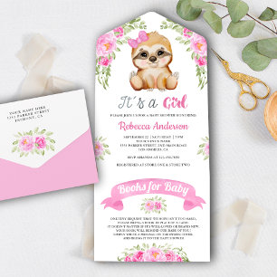 Chá de Bebê Floral Cor-de-Rosa Aquarela Preguiça F