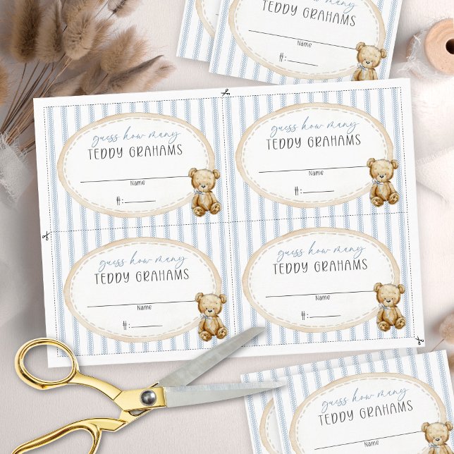 Chá de Bebê 'Mal Podemos Esperar' Cartão Teddy Gra (Cute watercolor bear DIY cut your own Teddy Grahams baby boy shower guessing game cards digital)