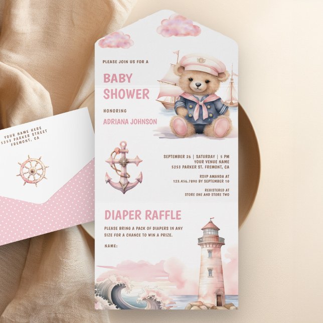 Chá de Bebê Marítimo Urso de Pelúcia Rosa Fofo (Criador carregado)