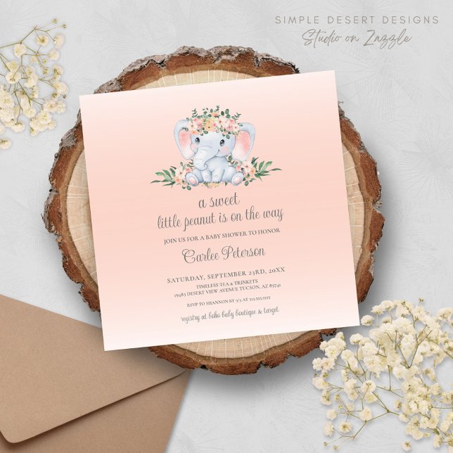Chá de Bebê Menina Elefante Floral Moderno (Cute Modern Blush Pink Baby Shower Invitation with Elephant and Floral Greenery)
