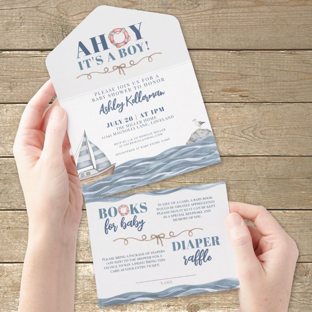 Chá de Bebê Menino Náutico (Nautical Boy Baby Shower All in One Invitation )