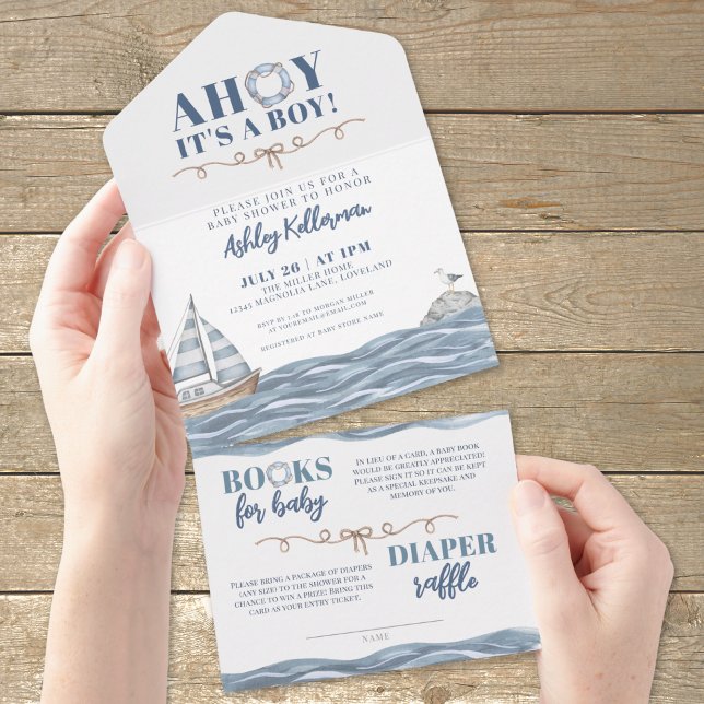 Chá de Bebê Menino Oceano Náutico (Nautical Ocean Boy Baby Shower All in One Invitation)