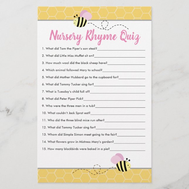 Chá de Bebê Rosa Abelha Bumble Bee Quiz de Rimas d (Frente)