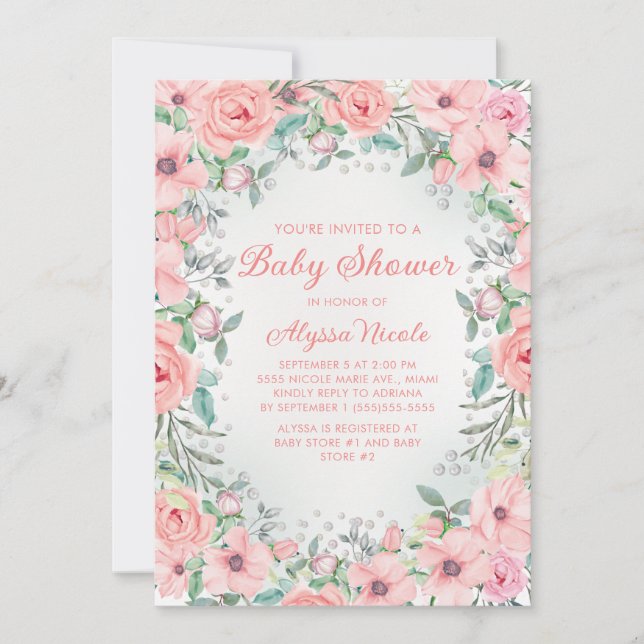 Chá de Bebê Rosas Florais em Aquarela Rosa (Frente)