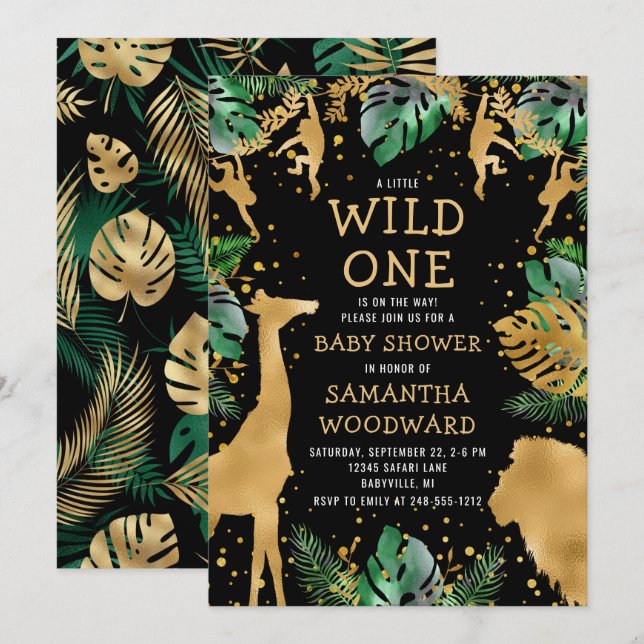 Chá de Bebê Safari Convite Preto Dourado (Frente/Verso)