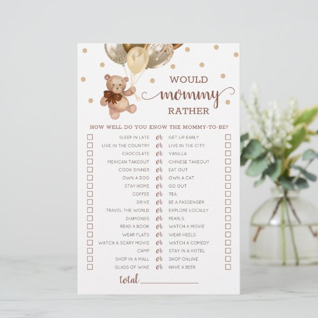 Chá de Bebê Urso de Pelúcia O Que a Mamãe Preferir (Em pé/Frente)