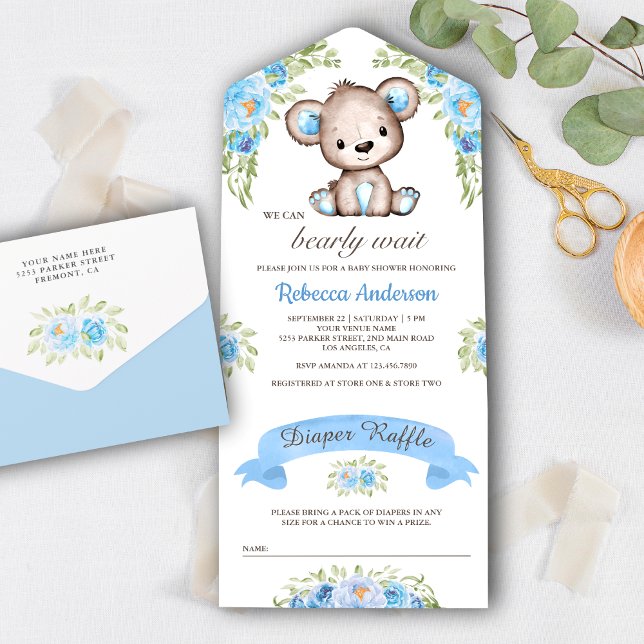 Chá de Bebê Urso Teddy Floral Aquarela Azul (Criador carregado)